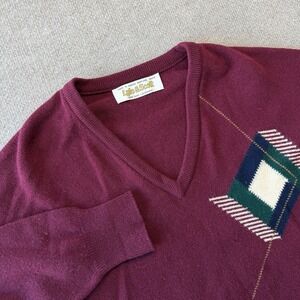 Lyle &‎ Scott Horse Embroidery V-neck Sweater Burgundy Size L Men's 100% Wool